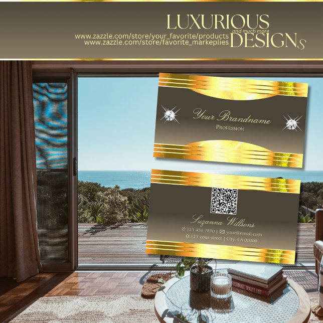 Exquisite Beige Brown Gold Borders with QR Code Business Card (Creator Uploaded)