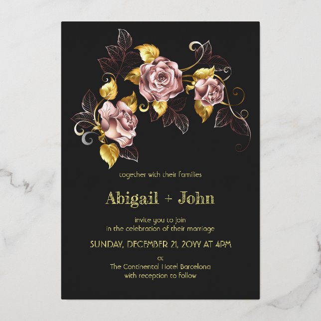 Exquisite Black and Gold Floral Embroidery Foil Invitation (Front)