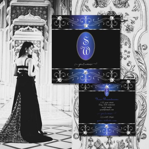 Exquisite Black Blue Ornate Ornaments Monogram Square Business Card