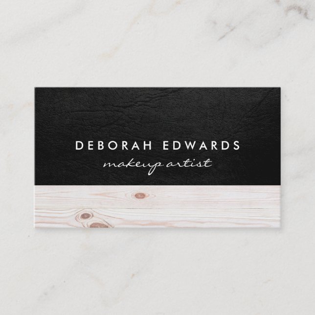 Exquisite Black Leather | Wood Business Card (Front)