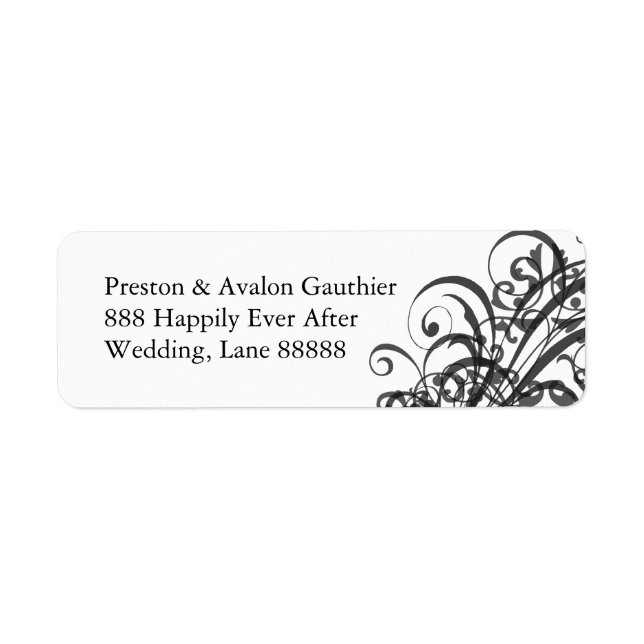 Exquisite Black Scroll White Wedding Address Label (Front)