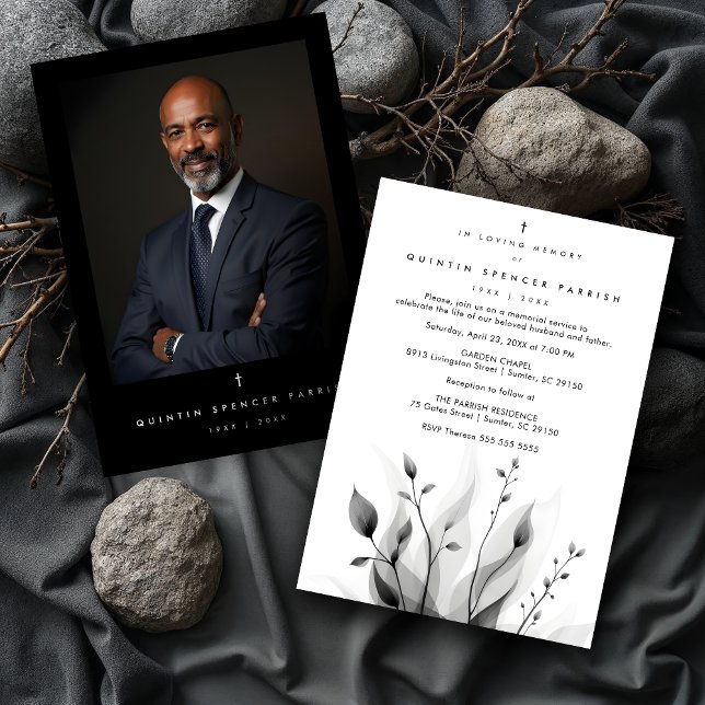 Exquisite Black & White Overlapping Leaves flowers Invitation (Exquisite Black & White Overlapping Leaves & Flowers Memorial Invitations Cards with Back Photo.)