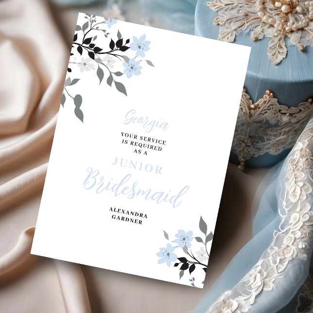 Exquisite Blue Floral Bunch Wedding Jr Bridesmaid Invitation (Exquisite Sophisticated Blue Floral Bunch Wedding Junior Bridesmaid Proposal Card.)