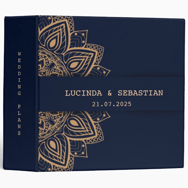 Exquisite Blue Gold Luxury Wedding Albums 3 Ring Binder (Front/Spine)