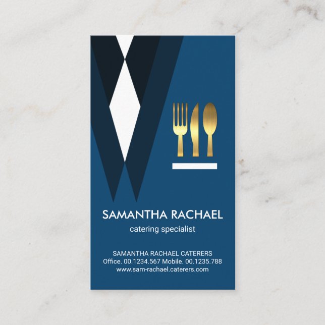 Exquisite Blue Suit Waiter Gold Cutlery Business Card (Front)
