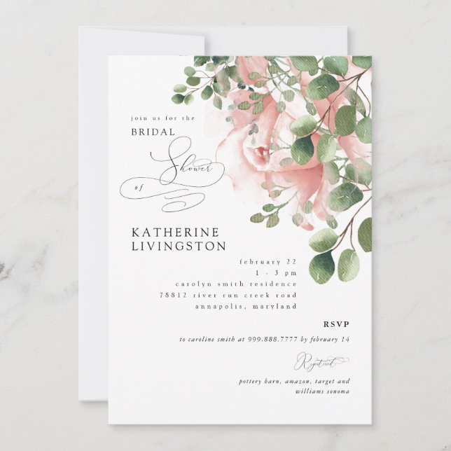 Exquisite Blush Floral Elegant Bridal Shower Invitation (Front)