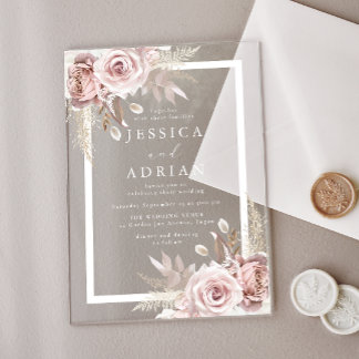 Exquisite Blush & Rose Floral Frame Wedding Acrylic Invitations