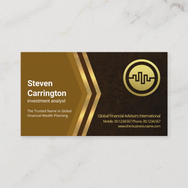 Exquisite Brown Grunge Gold Arrow Financial Business Card (Front)