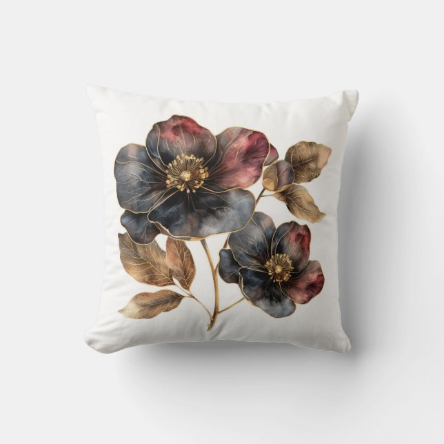 Exquisite burgundy and gold pressed flowers throw pillow (Front)
