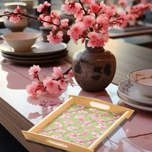 Exquisite Cherry Blossoms Florals on Chartreuse Serving Tray