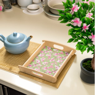 Exquisite Cherry Blossoms Florals on Chartreuse Serving Tray