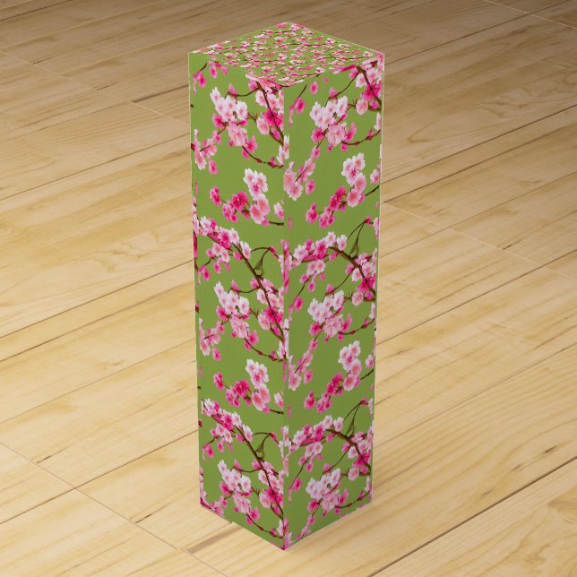  Exquisite Cherry Blossoms Florals on Chartreuse Wine Box (Front)