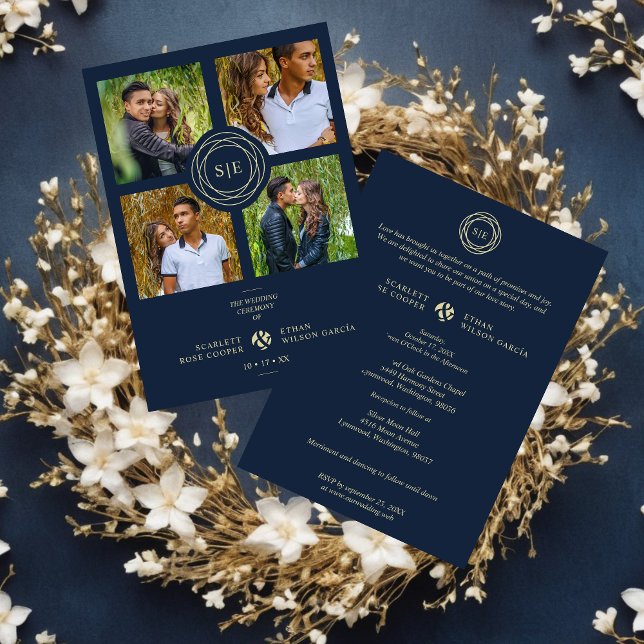 Exquisite Chic Navy Blue & Gold Initials 4 Photos  Invitation (Navy Blue & Fake Gold Minimal Initials Simple Fancy 4 Multi Photos Collage Wedding Invitation.)