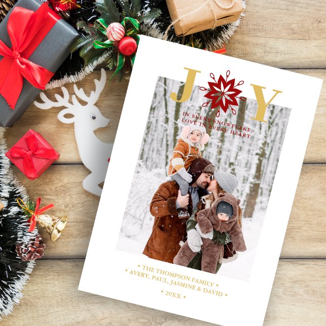 Exquisite Christmas Actual Snowflake Photo Holiday (Exquisite Christmas Actual Snowflake Photo with JOY quote in Fake Gold & Dark Red Holiday Card.)