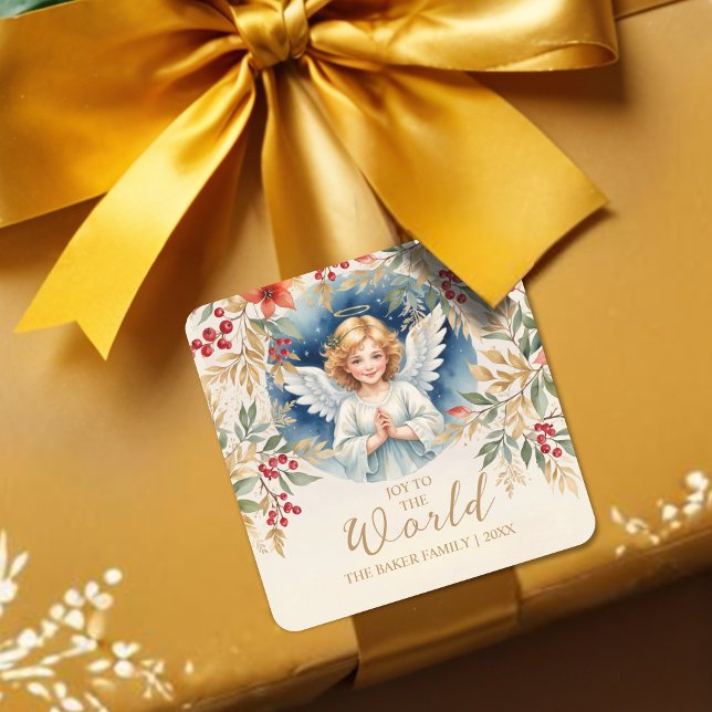 Exquisite Christmas Angel Flowers Victorian  Square Sticker (Classic Romantic Exquisite Christmas Angel with Flowers Victorian-Themed Inspired Christmas Stickers)