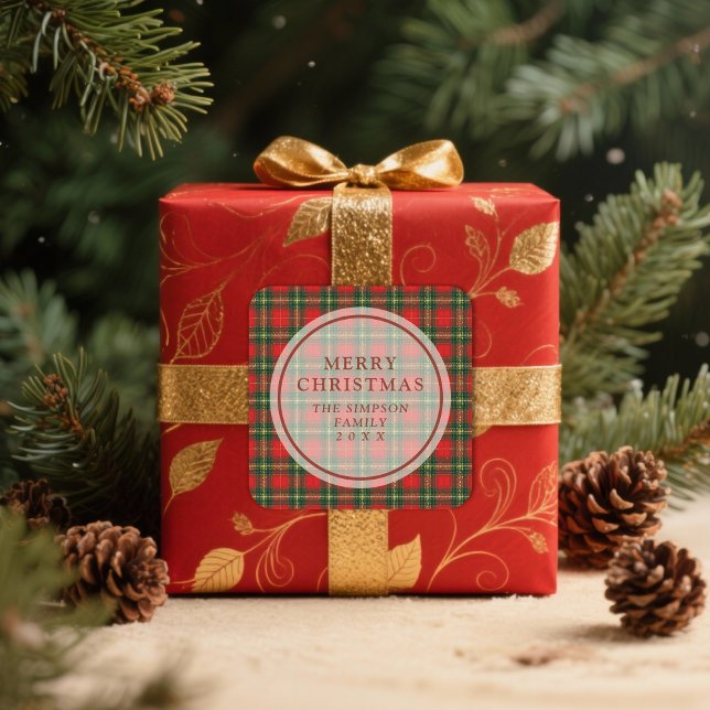 Exquisite Classic Festive Christmas Red Tartan Square Sticker (Exquisite Classic Festive Christmas Red Tartan Stickers.)