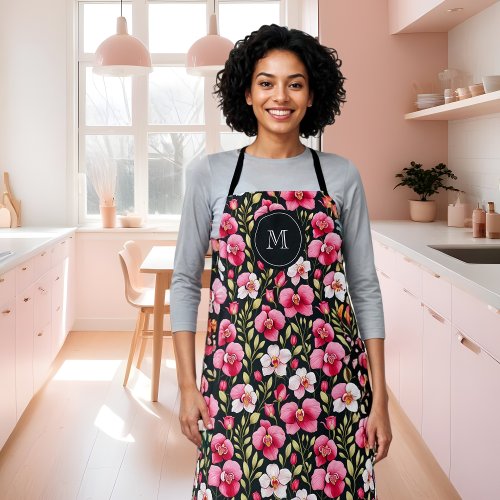 Exquisite Colorful Botanical Pink Orchid  Roses  Apron