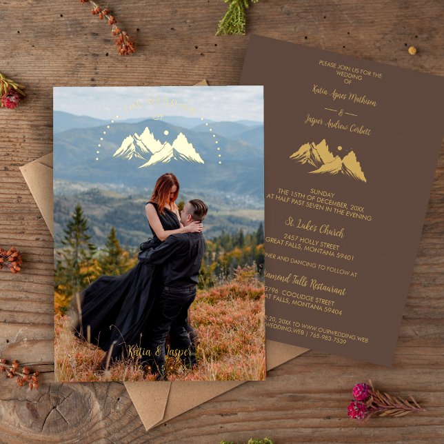Exquisite Cool Rustic Mountains Photo in Brown Foil Invitation (Exquisite Cool Rustic Mountains Photo in Brown Wedding Metallic Foil Invitation with Envelope. )