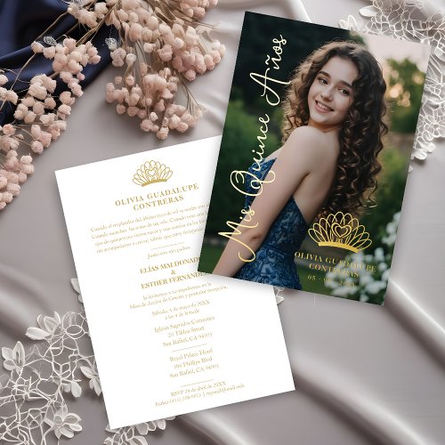 Exquisite Crown Quinceaera Photo Fancy Script Foil Invitation