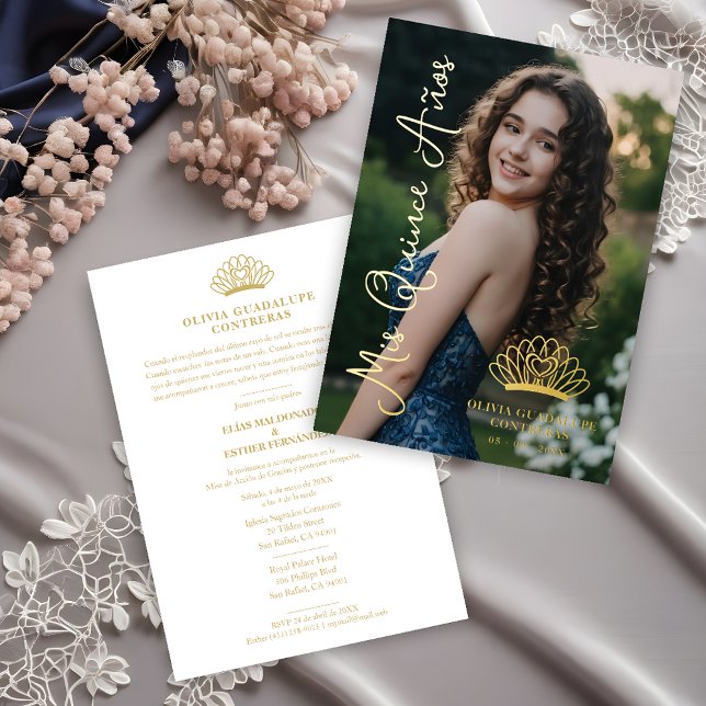 Exquisite Crown Quinceañera Photo Fancy Script Foil Invitation (Spanish Exquisite Princess Crown Quinceañera Photo Fancy Calligraphy Script Real Golden Foil.)