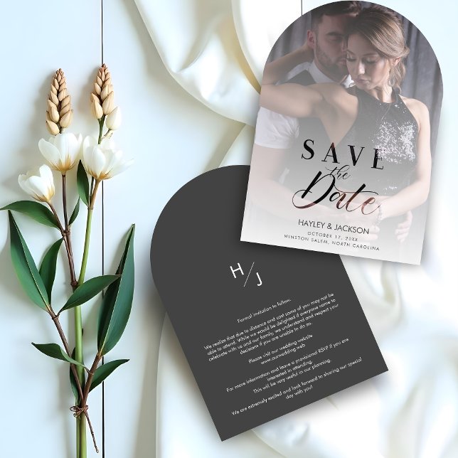 Exquisite Cute Transparency Cut Paper Effect Photo Save The Date (Modern Transparency Wedding Custom Photo Script Save the Date Cards. Arch Border Style)