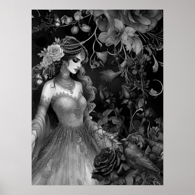 Exquisite Dark Monochromatic Beauty Roses & Raven Poster (Front)