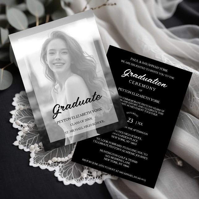 Exquisite Delicate Minimalist Black & White Photo Invitation (Exquisite Delicate Minimal Black & White Photo with Vellum Translucent Effect Graduation Invitation.)