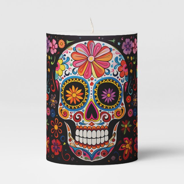 💀Exquisite Día de Muertos Postcard Pillar Candle (Front)