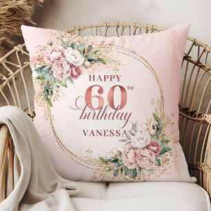 Exquisite Dusty Pink Watercolor Floral 60 birthday Throw Pillow
