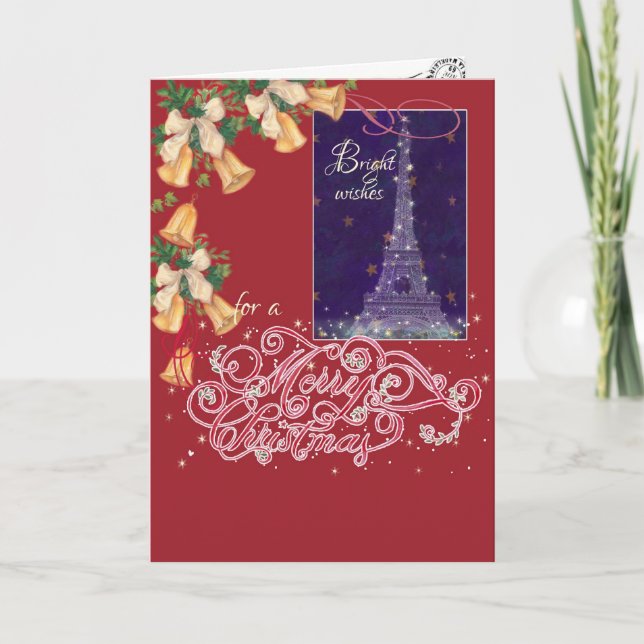 Exquisite  Eiffel tower christmas greeting Holiday Card (Front)