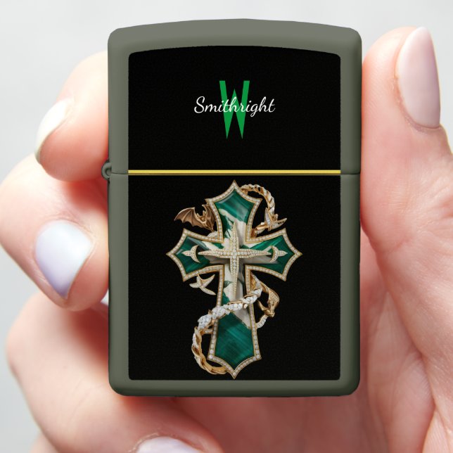 Exquisite Emerald and Diamond Cross Brooch Zippo Lighter (In Hand)