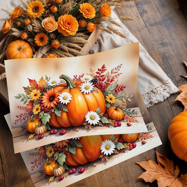Exquisite Fall Pumpkins Wildflowers and Autumn Tissue Paper (Exquisite Fall Pumpkins, Wildflowers and Autumn Branches Composition Design Tissue Paper.)
