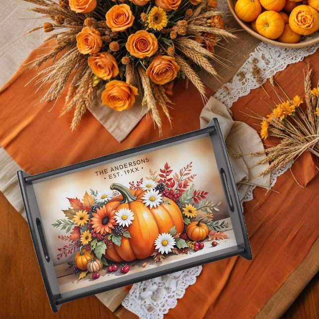 Exquisite Fall Pumpkins Wildflowers & Autumn  Serving Tray (Exquisite Fall Pumpkins, Wildflowers and Autumn Branches Composition Design with Custom Family Name.)