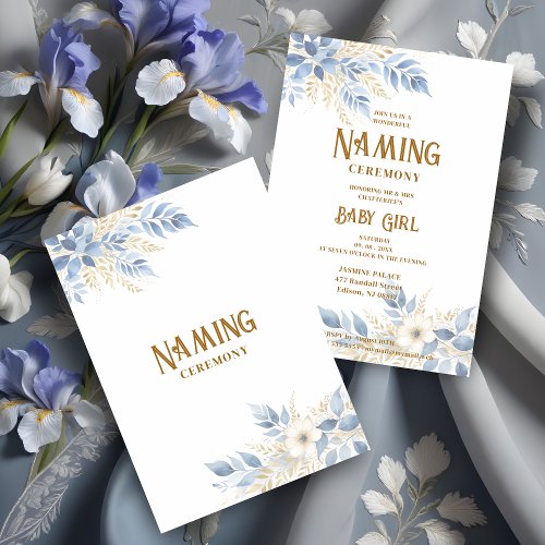 Exquisite Floral Branches in Blue Naming Ceremony Invitation