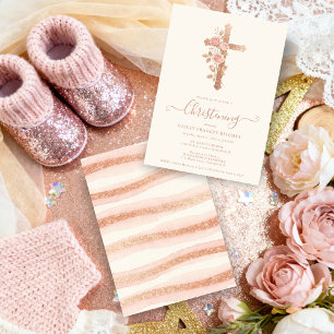 Exquisite Floral Glitter Cross Romantic Rose Gold Invitation