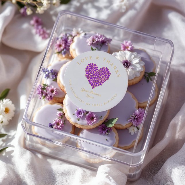 Exquisite Floral Gorgeous Purple and Gold Effect  Classic Round Sticker (Exquisite Round Stickers with Floral Design in Purple and Gold Effect with the Phrase Love & Thanks.)