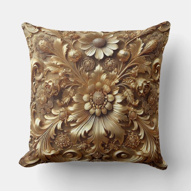 Exquisite Floral Motif in Luxurious Golden Baroque Throw Pillow (Front)