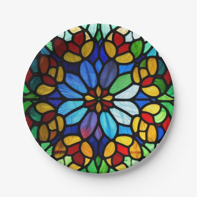 Exquisite Floral Stained Glass Elegance Paper Plates (Front)