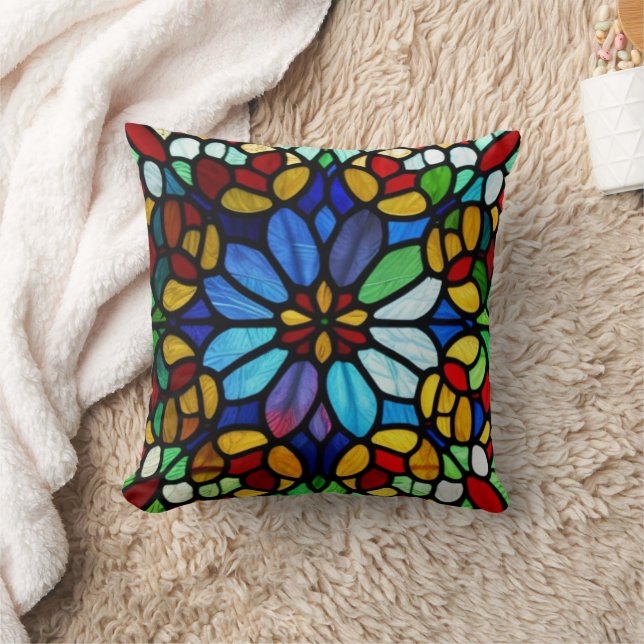 Exquisite Floral Stained Glass Elegance Throw Pillow (Blanket)