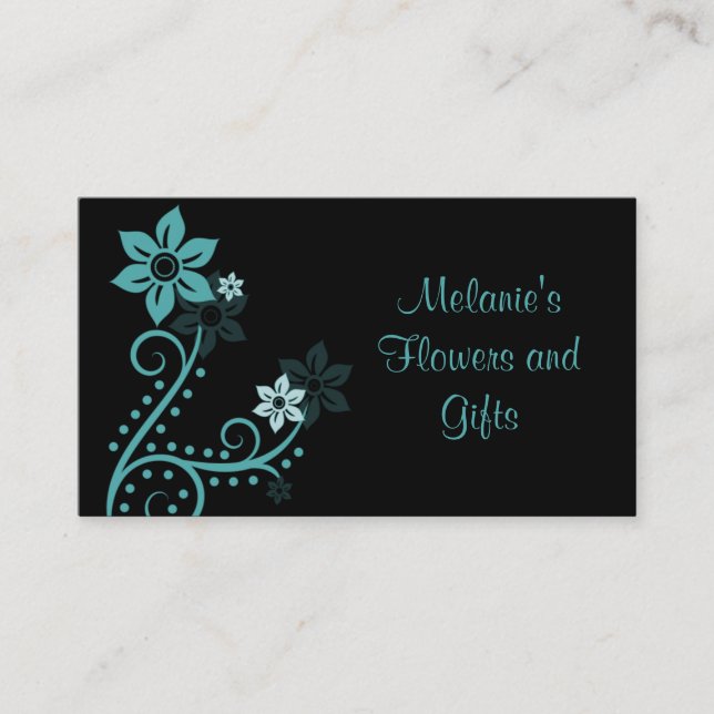 Exquisite Flowers Business Card, Turquoise Business Card (Front)