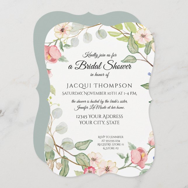 Exquisite Foliage Silver Sage Wild Rose Watercolor Invitation (Front/Back)