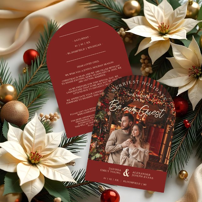Exquisite Glamorous Christmas Photo Wedding  Save The Date (Exquisite Glamorous Christmas Photo Wedding Save the Dates Cards in Dark Red & Faux Gold.)