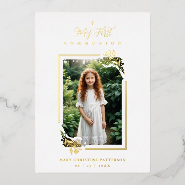 Exquisite Gold Botanical Frame First Communion Foil Invitation (Front)