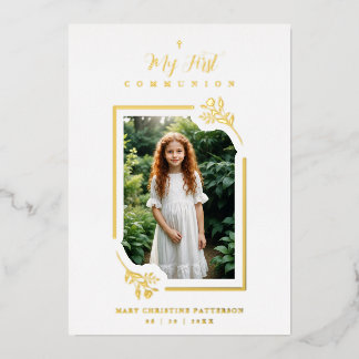Exquisite Gold Botanical Frame First Communion Foil Invitation