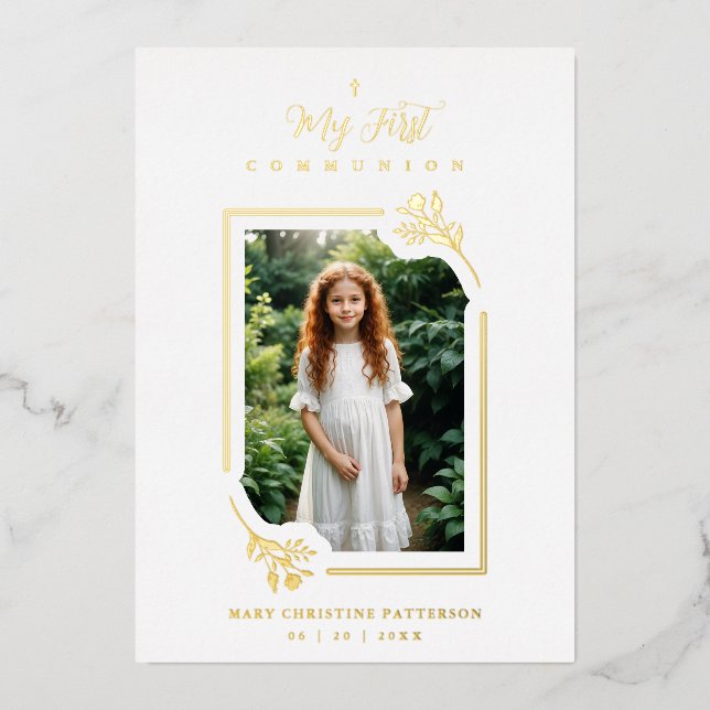 Exquisite Gold Botanical Frame First Communion Foil Invitation (Front)