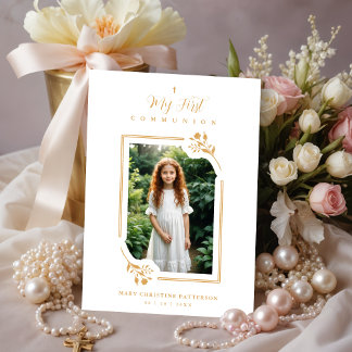 Exquisite Gold Botanical Frame First Communion Invitation