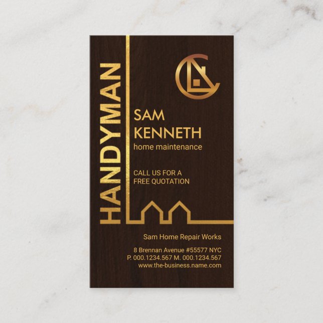 Exquisite Gold Building Wood Grain Handyman Business Card (Front)