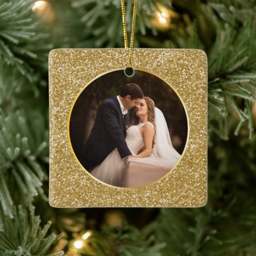 Exquisite Gold Gem Facet Photo First Christmas Ceramic Ornament
