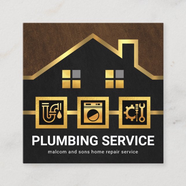 Exquisite Gold Home Pipe Line Plumbing Square Business Card (Front)