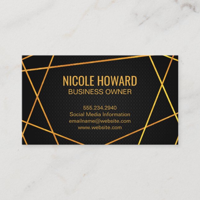 Exquisite Gold Lines Sleek Black Mesh Business Card (Front)